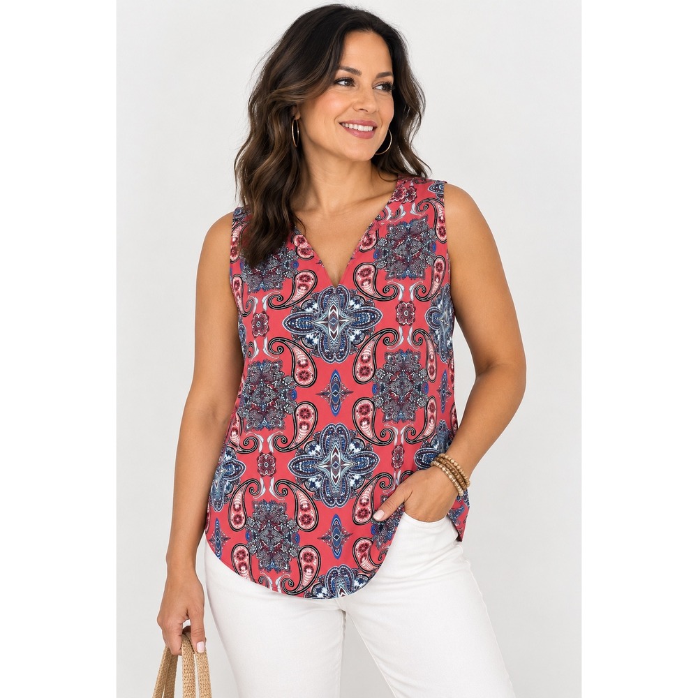 Verse Womens Red Paisley Medallion V-Neck Sleeveless Blouse Top XL Made in USA